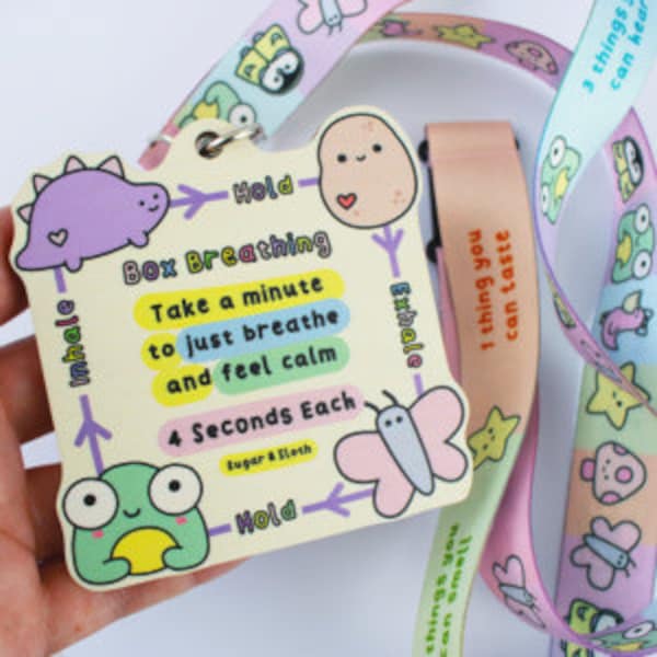 Grounding Techniques Life Hack Lanyard, 54321 Grounding lanyard, box Breathing charm, Anxiety charm, kawaii lanyard, cute lanyard