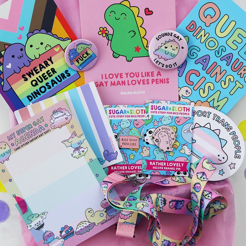 Rainbow dinosaur gift box gift for best friend dinosaur enamel pins pride gift gay dinosaurs dinosaur stationery stationery gift set