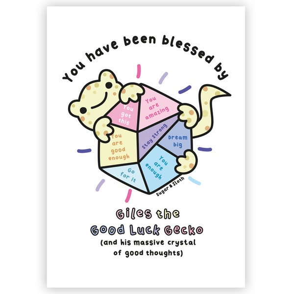 Giles The Good Luck Gecko Postcard, Funny Postcard, Motivational Postcard, Mental Health Postcard, Positive Postcard, cute postcard