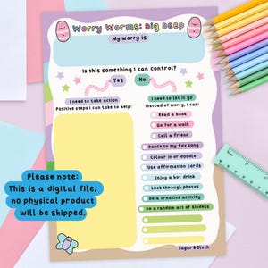 Download digital em PDF: Bloco de exercícios Worry Worms Dig Deep, planilhas de preocupação, planilha de preocupação, planilha de ansiedade, planilha de ansiedade para impressão