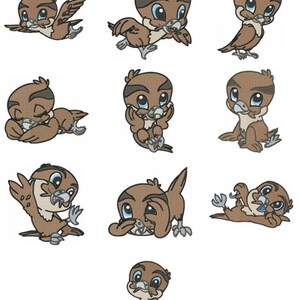 May include: A set of nine digital embroidery designs featuring a cute cartoon brown and gray baby bird in various poses. The bird is shown flying, sleeping, eating, and playing.