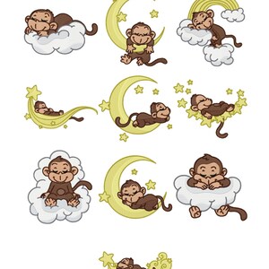 Puede incluir: Nueve ilustraciones de monos marrones durmiendo en varias posiciones. Algunos monos duermen en nubes, otros duermen en lunas crecientes y otros duermen en estrellas fugaces. Todos los monos llevan pijamas amarillos.