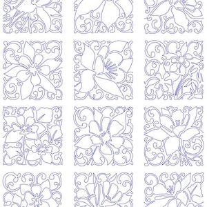 Peut inclure: Neuf carreaux carrés avec un motif floral. Chaque carreau présente une disposition différente de fleurs et de feuilles stylisées dans un contour bleu.