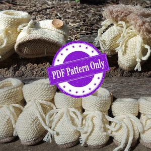 May include: A set of five knitted baby booties in a cream colour with brown trim. The booties have a button detail and a tied bow. The image includes the text "PDF Pattern Only".