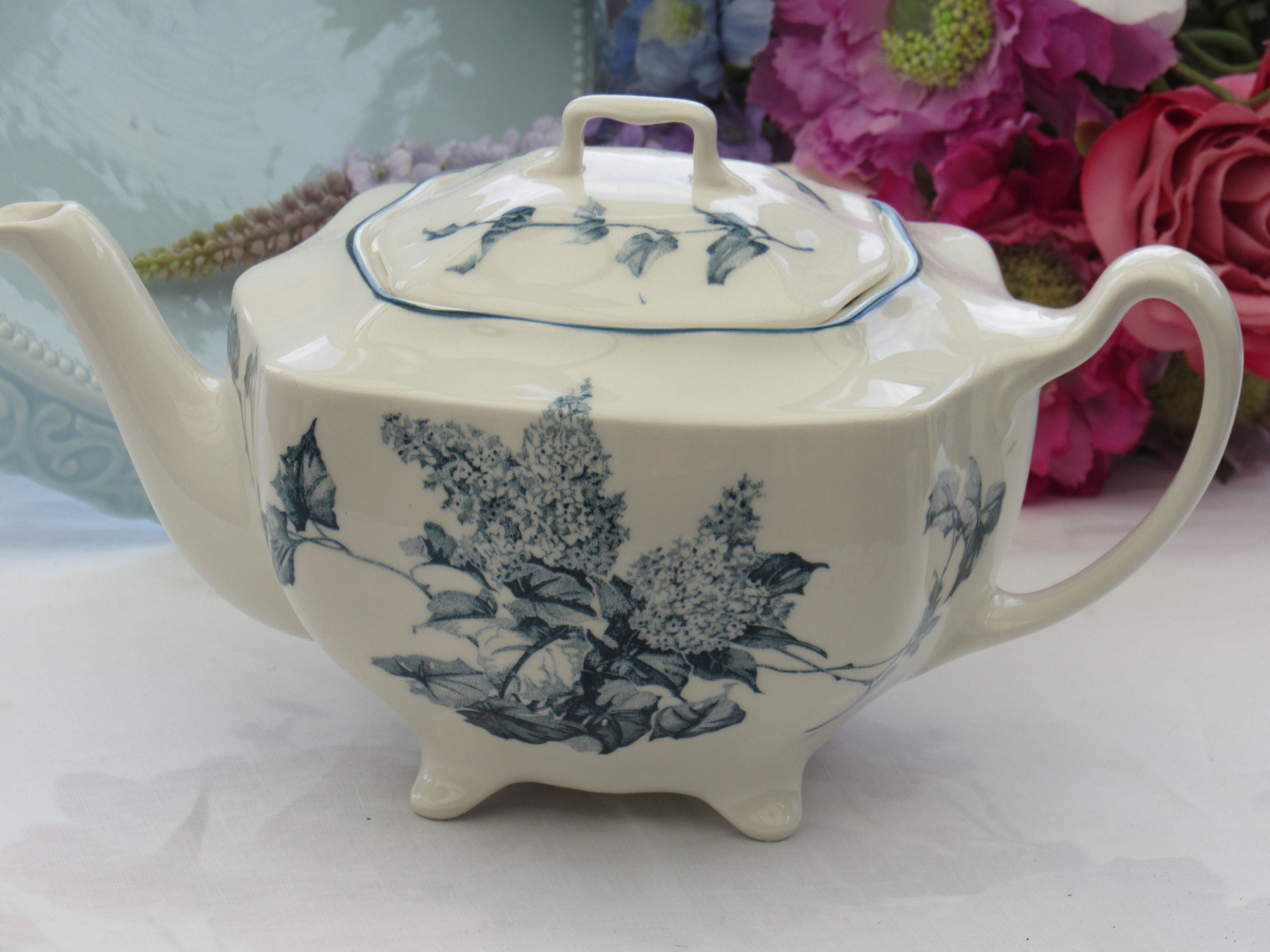 Vintage Ceramic Blue and White Teapot With Lilac Flower Etsy