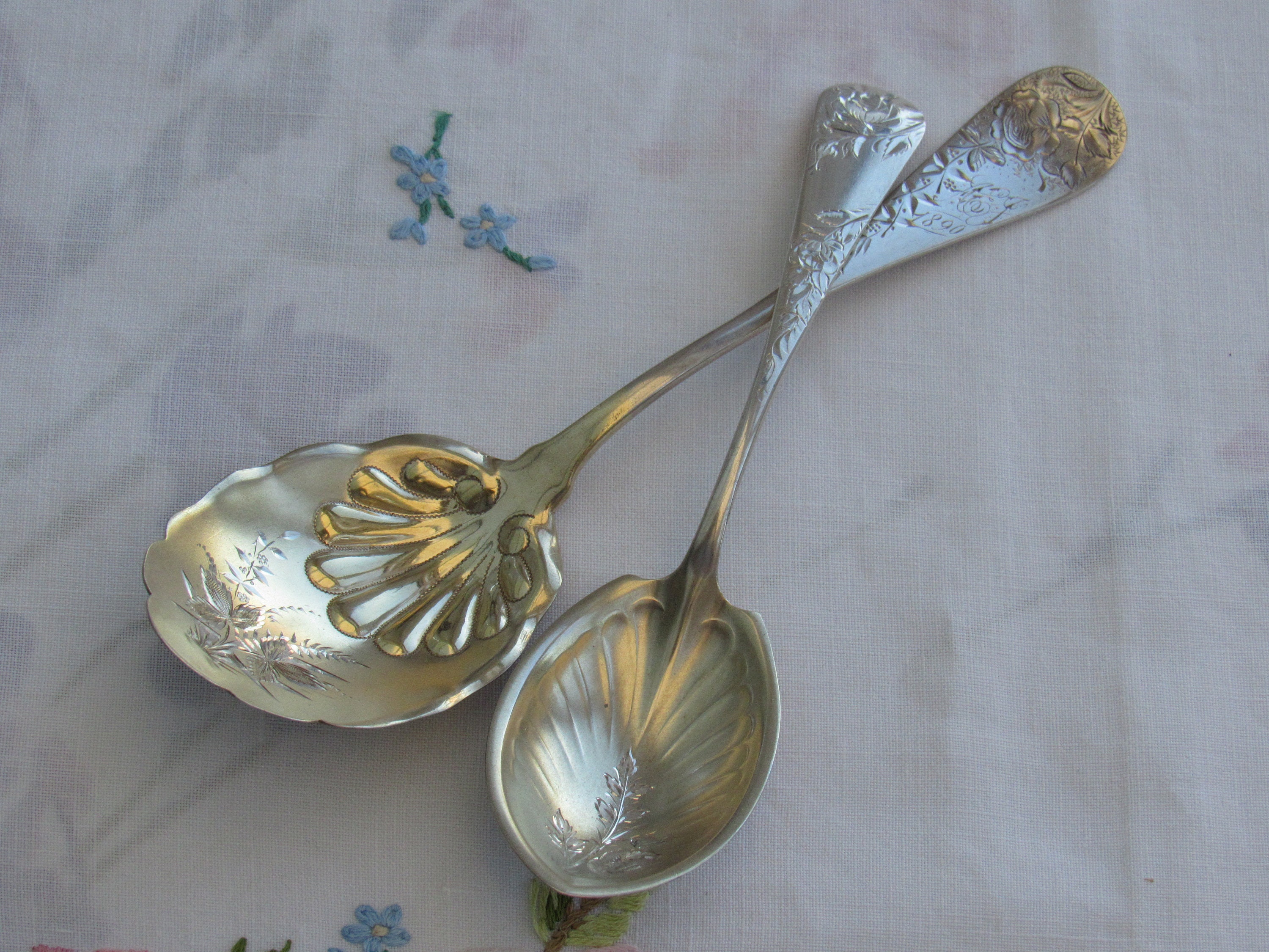 Antique Silver Gilt Serving Spoons Engraved Sterling Silver Etsy