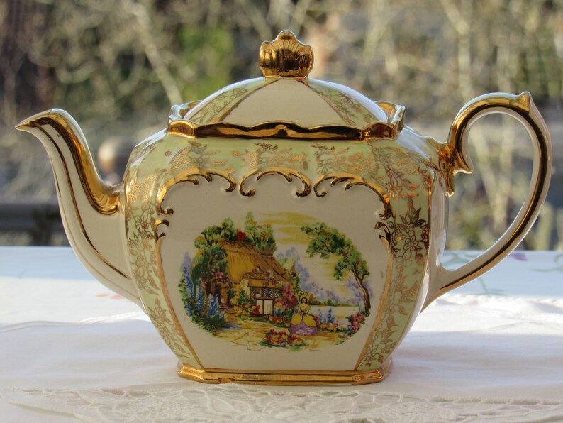Sadler Cube Teapot with Cottage and Crinoline lady Scene Etsy