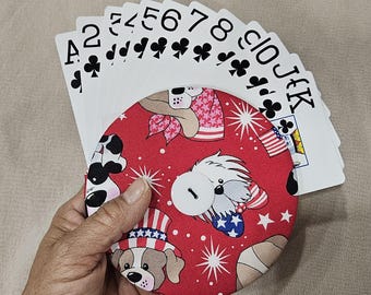 Hands free playing card holder; arthritic card holder; family games; card game holder: kids' games; Americana dogs; patriotic dogs; Scott