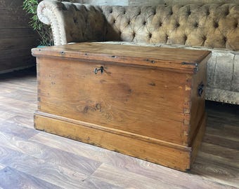 Antique Victorian Pine Blanket Box Chest, Large Wooden Storage Trunk & Key