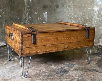 Vintage Industrial Coffee Table Trunk, Wooden Storage Chest & Hairpin Legs