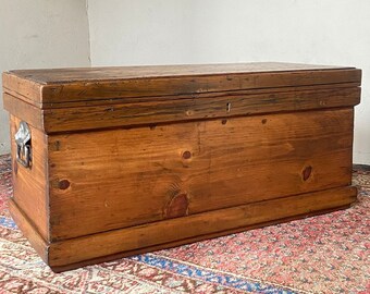 Antique Pine Carpenters Tool Chest, Wooden Trunk, Coffee Table