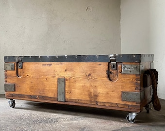 VINTAGE Military CHEST Industrial TRUNK Coffee Table, Mid Century Wooden Storage Box