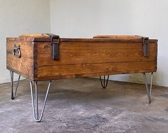 Vintage Industrial Coffee Table Trunk, Wooden Storage Chest & Hairpin Legs