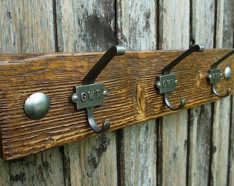 Vintage Industrial Cloakroom Railway Hooks Rustic Wooden Coat Rack Sustainable Home Gift Wall Decor (50cm - 3 Hooks) LIMITED STOCK