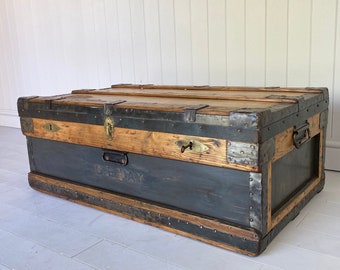 ANTIQUE Industrial Rustic Trunk Chest Coffee Table Storage Box + Key - Old WW1 Military Campaign Chest (1) - PAIR AVAILABLE