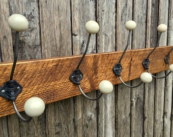 Vintage Style Coat Hooks Coat Rack Cloakroom Ceramic Off White Reclaimed Wood Sustainable Home Gift Wall Decor | Made To Order | Any Length