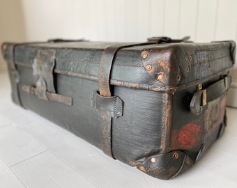 ANTIQUE 1920s Art Deco Old Luggage Trunk - Vintage Travel Chest - Coffee Table with Storage