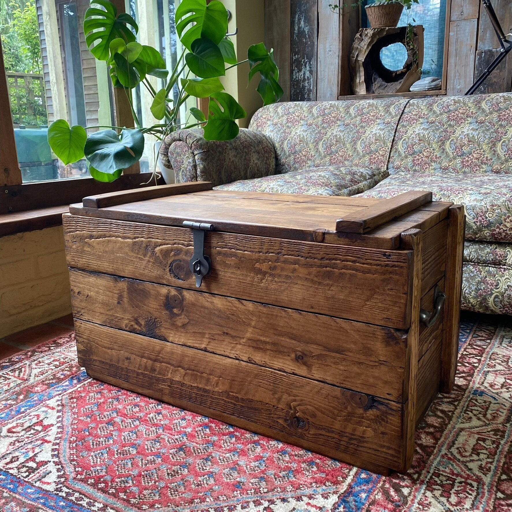 Rustic Wooden TRUNK Chest Coffee Table, Vinyl Record Storage Box, Ottoman