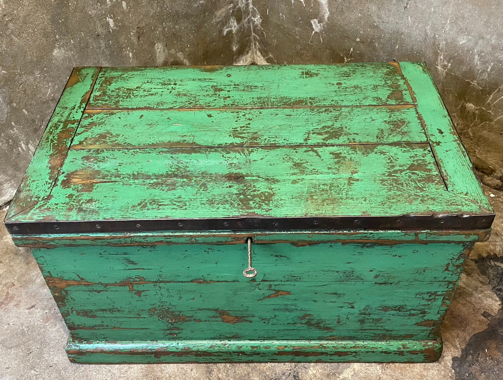 Antique Shipwright's Industrial Chest, Large Wooden Storage Trunk & Key