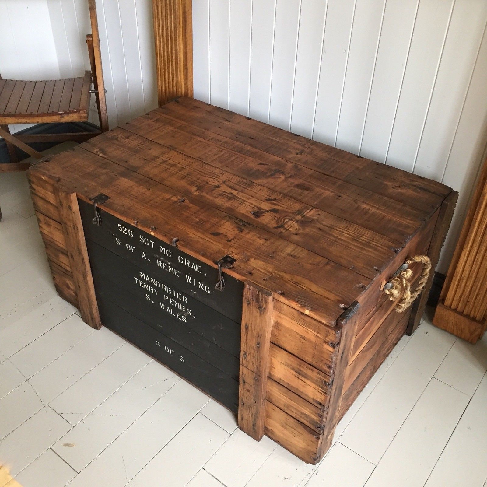 VINTAGE PINE CHEST Coffee Table Trunk Rustic Wooden Storage Chest Mid Century Military