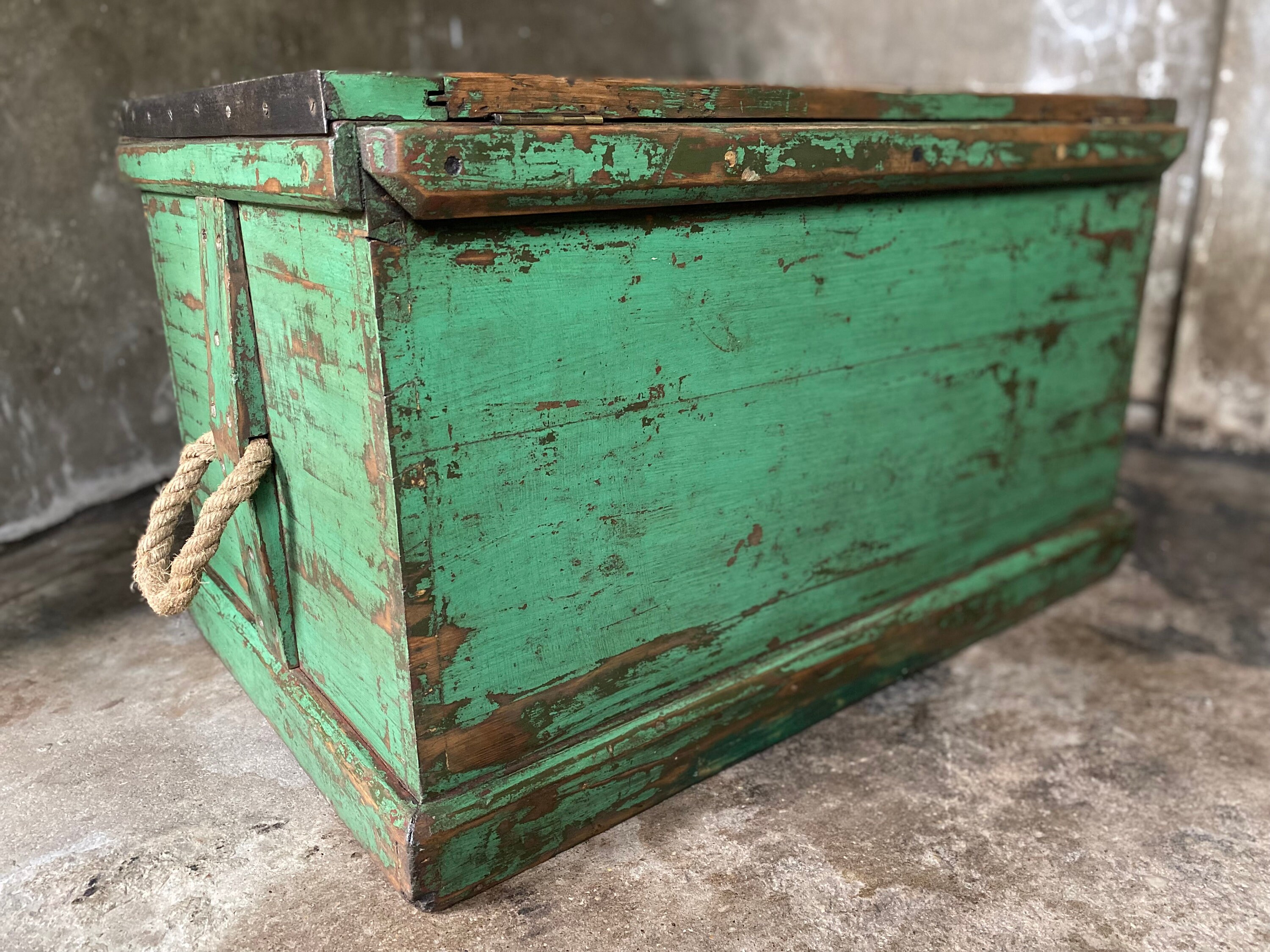 Antique Shipwright's Industrial Chest, Large Wooden Storage Trunk & Key