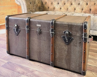 Antique French Banded Steamer Trunk, Coffee Table, Storage Chest, Blanket Box