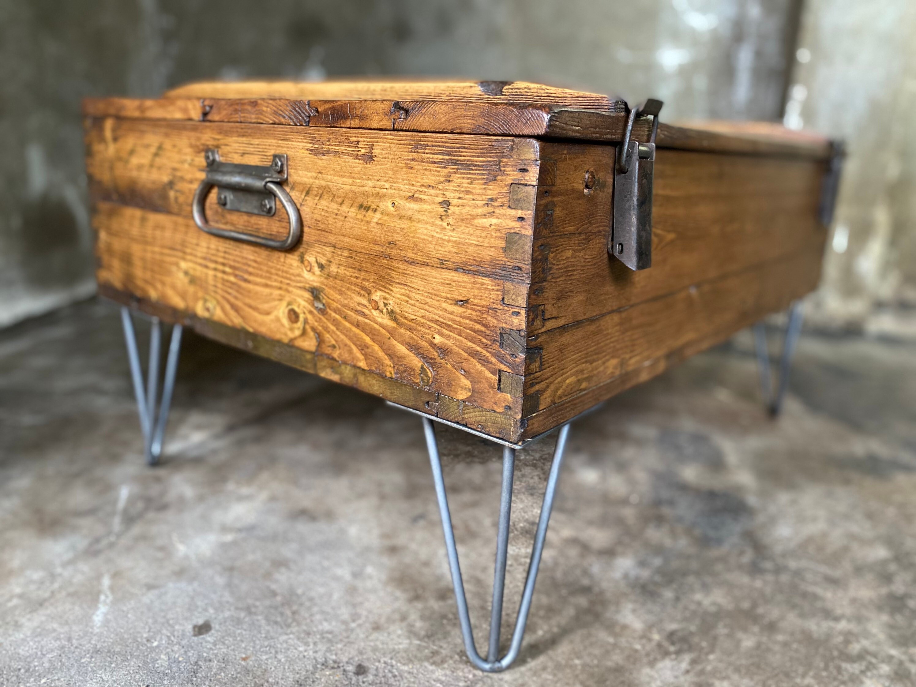Vintage Industrial Coffee Table Trunk, Wooden Storage Chest & Hairpin Legs