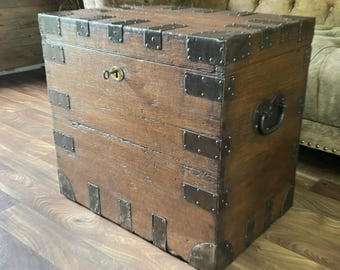 Antique Oak Victorian Silver CHEST, Marriage Dowry Small Bound TRUNK, Rustic Wooden Storage BOX