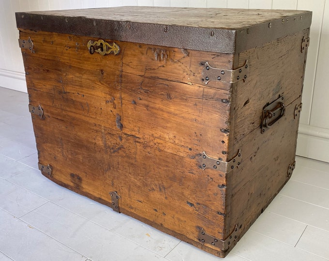 Featured listing image: ANTIQUE Victorian Campaign CHEST TRUNK Coffee Table + Key - Old Rustic Pine Military Storage Box