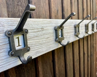 French Farmhouse White Washed Rustic Wood Coat Rack with Numbered Hooks: Vintage School Style