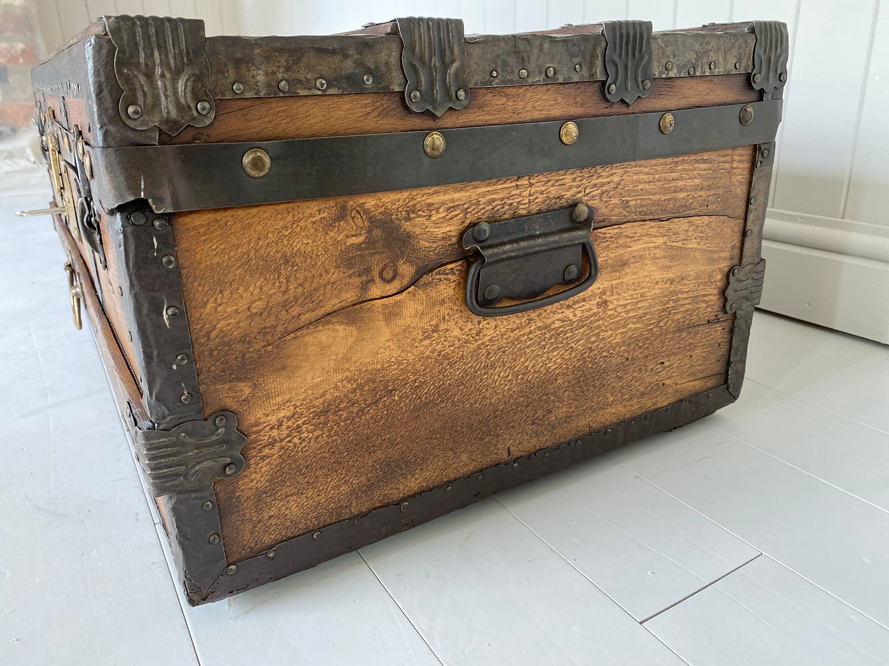 Antique Brass Trunk Lock with Keys chest steamer vintage box old patina  rustic