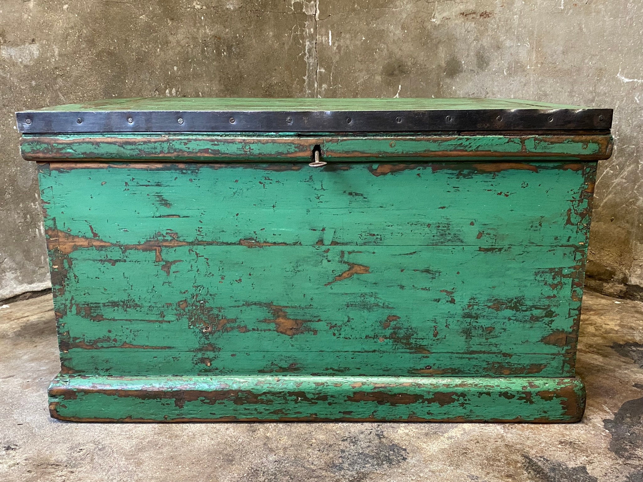 Antique Shipwright's Industrial Chest, Large Wooden Storage Trunk & Key