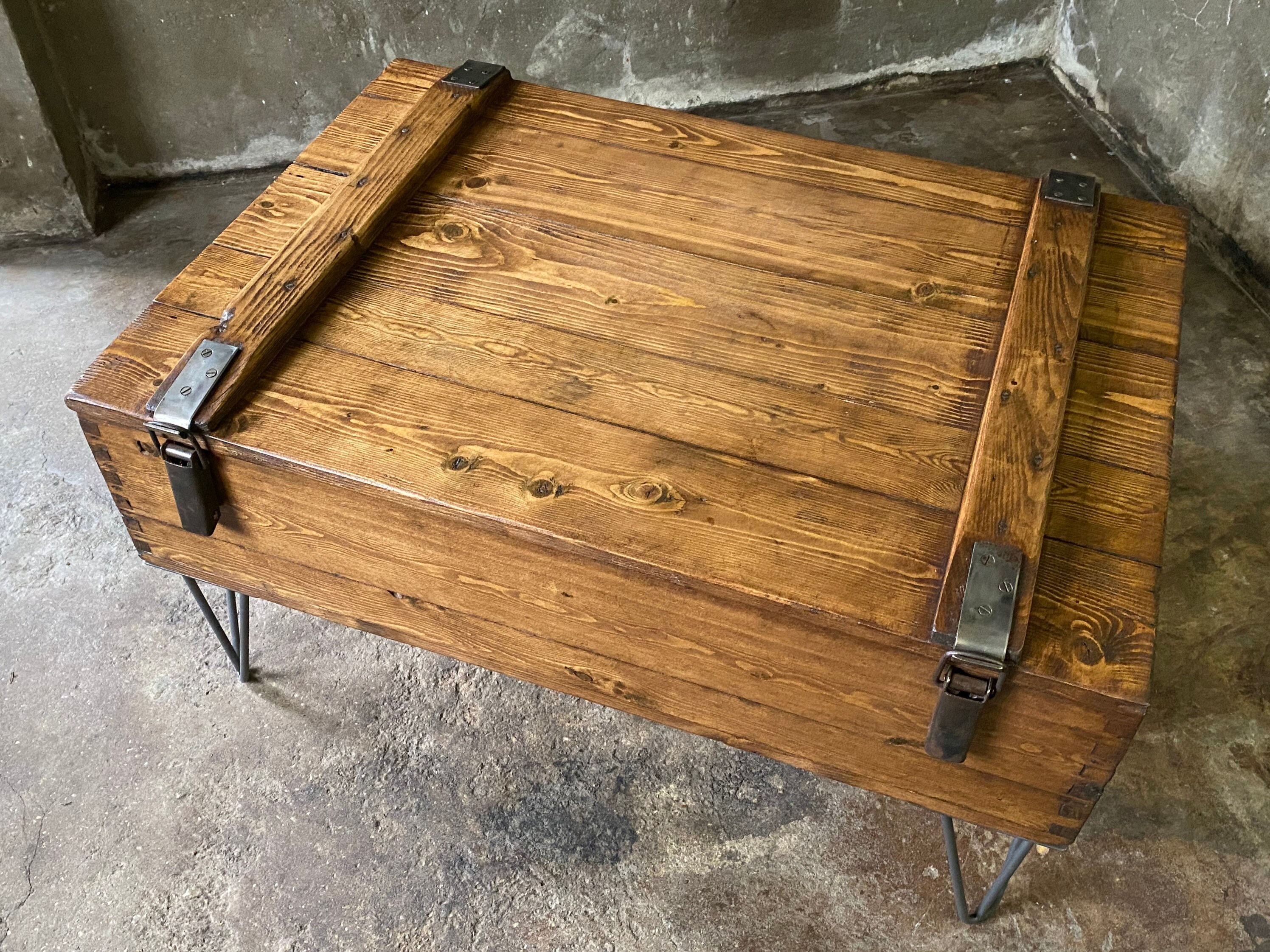 Vintage Industrial Coffee Table Trunk, Wooden Storage Chest & Hairpin Legs