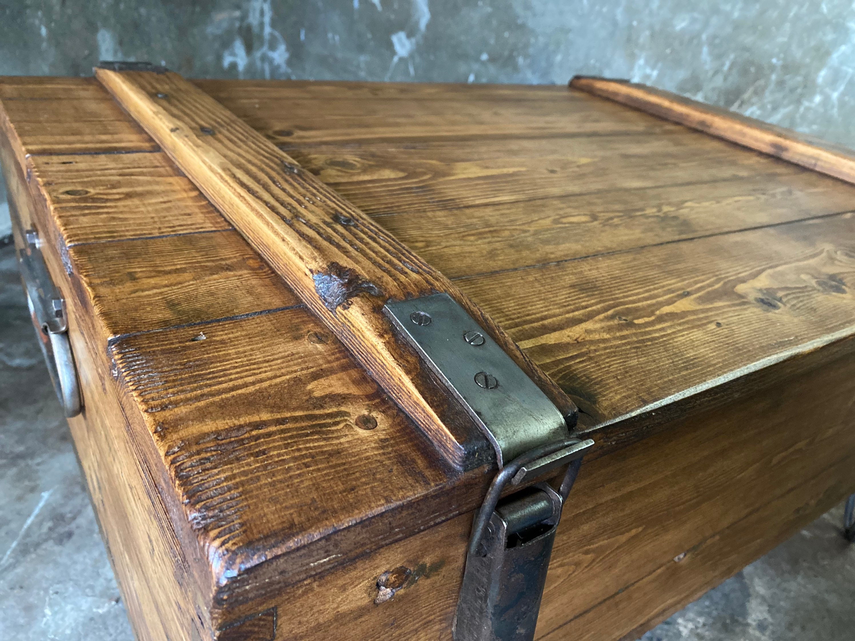 Vintage Industrial Coffee Table Trunk, Wooden Storage Chest & Hairpin Legs