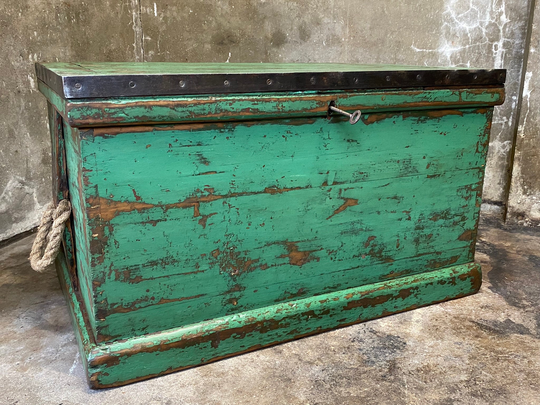 Antique Shipwright's Industrial Chest, Large Wooden Storage Trunk & Key