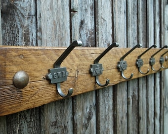 Vintage Industrial Railway Coat Rack Rustic Wooden Cloakroom Hooks Sustainable Home Gift Wall Decor - Made To Order Any Length
