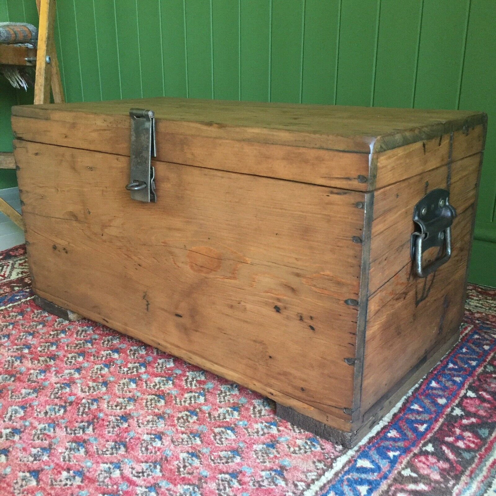 Farmhouse Wooden Storage Chest Rustic Stained Trunk Free Shipping handles  Not Included 