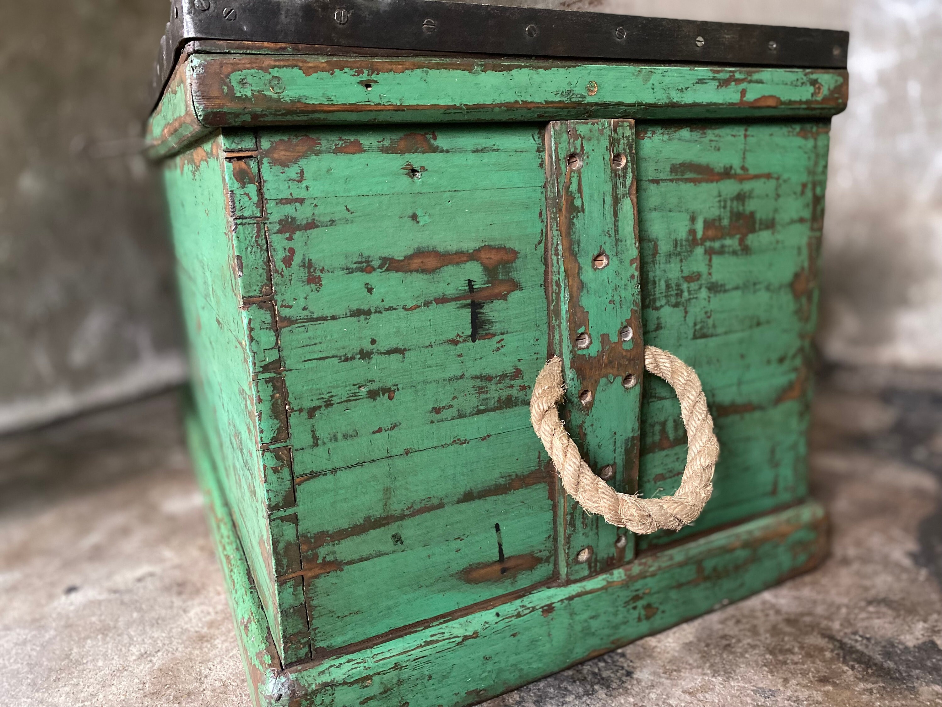 Antique Shipwright's Industrial Chest, Large Wooden Storage Trunk & Key