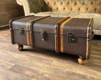 Vintage English Banded Steamer Cabin Trunk, Coffee Table, Storage Chest, Blanket Box