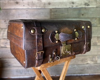 English Victorian Solid Leather Antique Portmanteau Travel Trunk