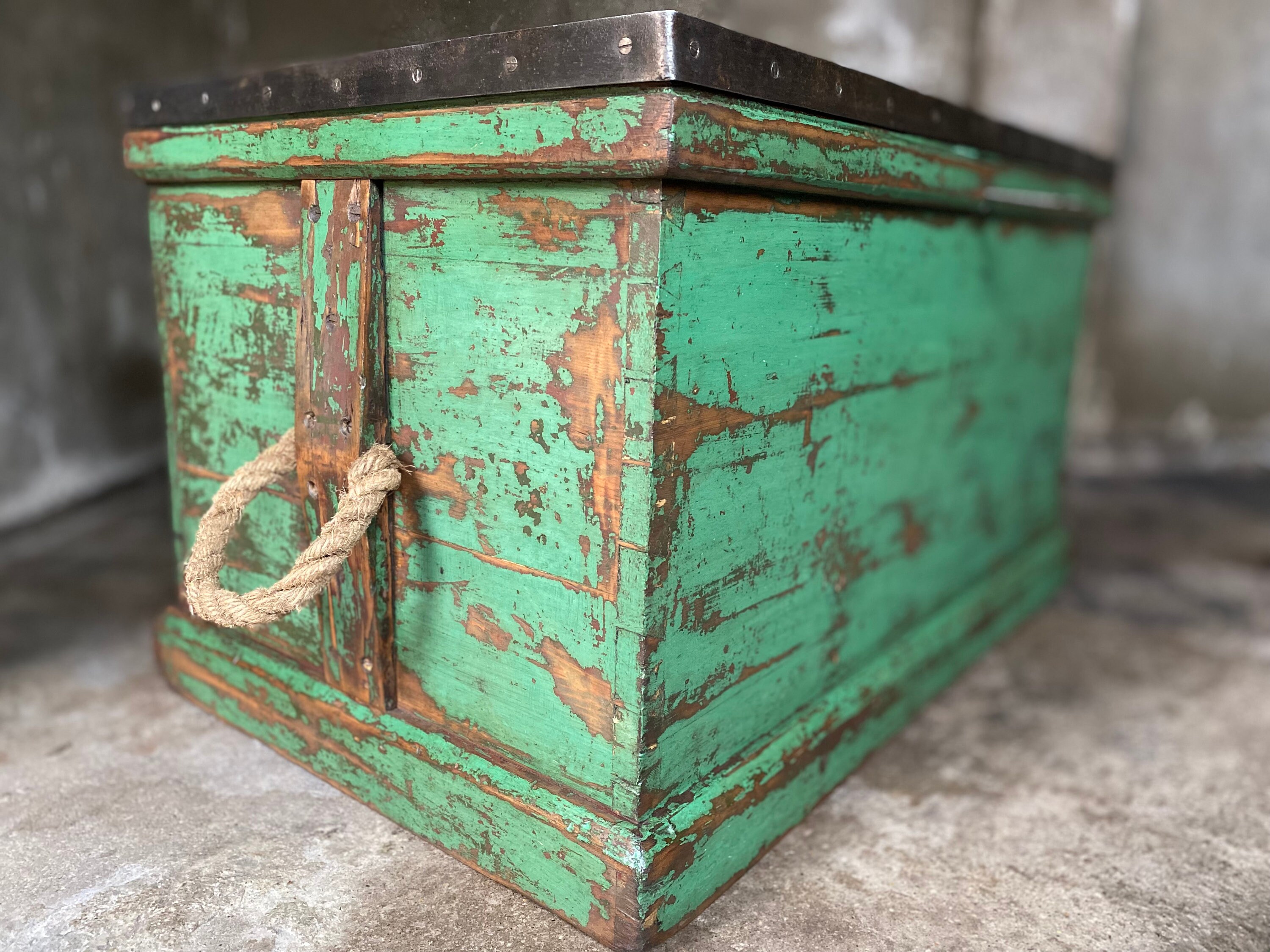 Antique Shipwright's Industrial Chest, Large Wooden Storage Trunk & Key