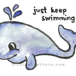 Schwimmender Wal Original Aquarell & Tuschemalerei