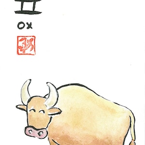 Aquarelle et peinture originales à l'encre du zodiaque chinois Buffle