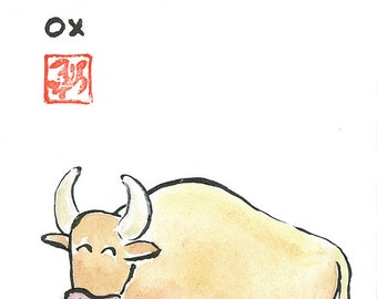 Chinese Zodiac Ox Original Watercolor & Ink Painting