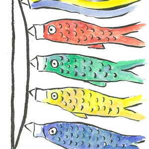 Koinobori (Karpfen-Luftschlangen) Original Aquarell & Tuschemalerei