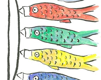 Koinobori (Carp Streamers) Original Watercolor & Ink Painting