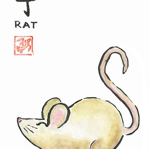 Chinesisches Sternzeichen Ratte Original Aquarell & Tuschemalerei