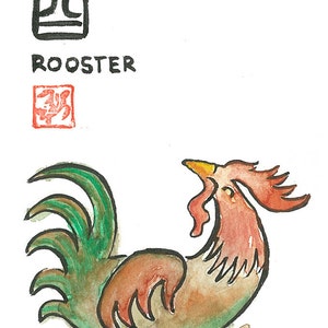 Chinesisches Sternzeichen Hahn Original Aquarell & Tuschemalerei