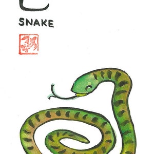 Chinesisches Sternzeichen Schlange (Serpent) Original Aquarell & Tuschemalerei