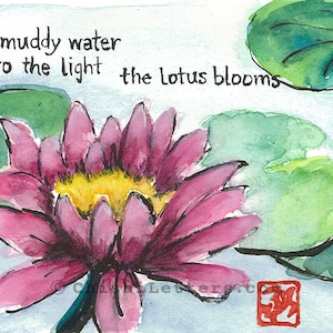 Blühender Lotus im Schlamm Original Aquarell & Tuschemalerei